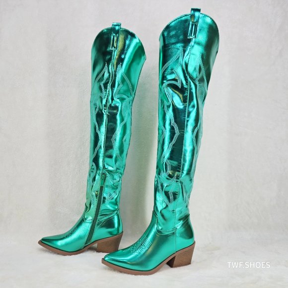 Country Disco Cowboy Metallic Green Western Cowgirl OTK Thigh Boots New - Picture 3 of 15